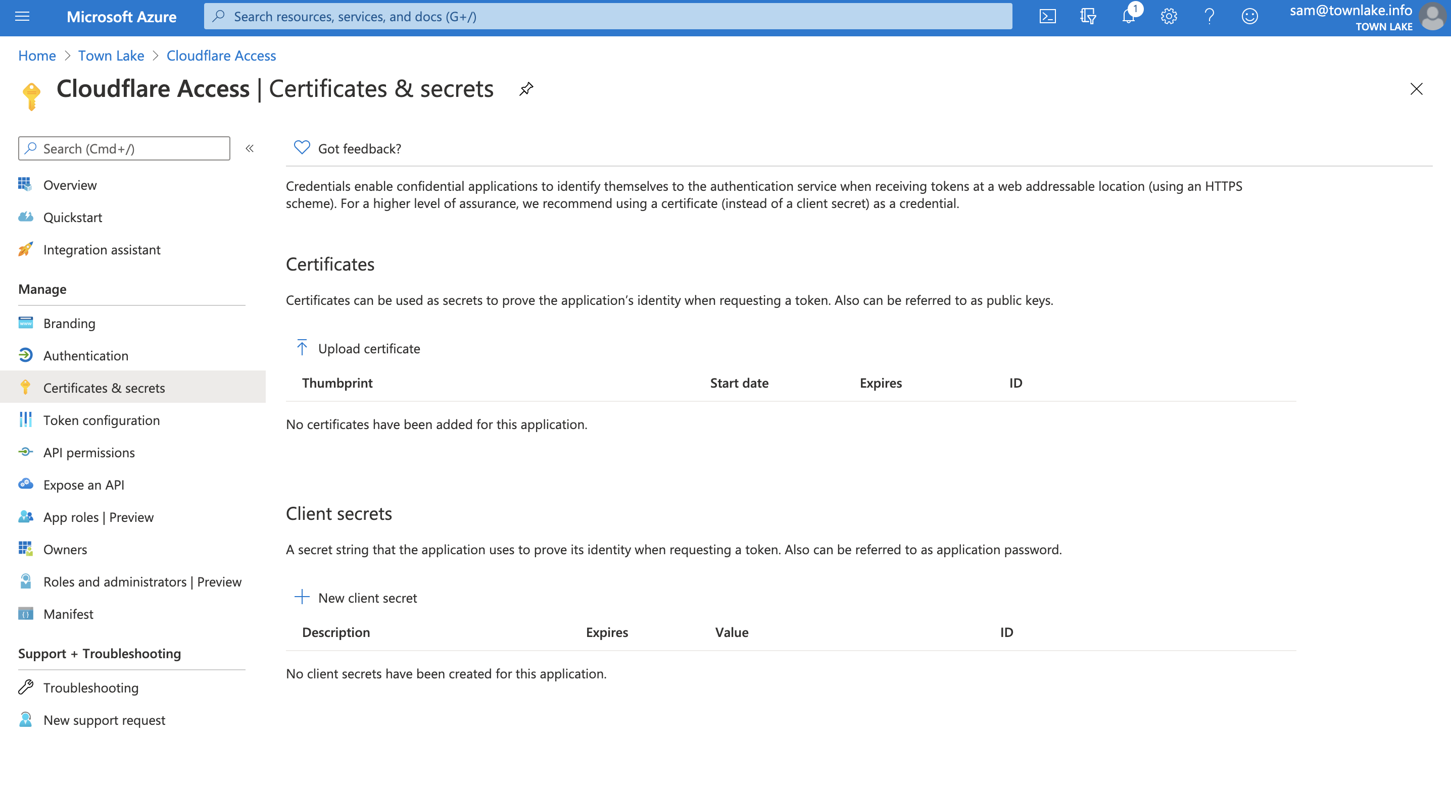Azure AD Certs and Secrets