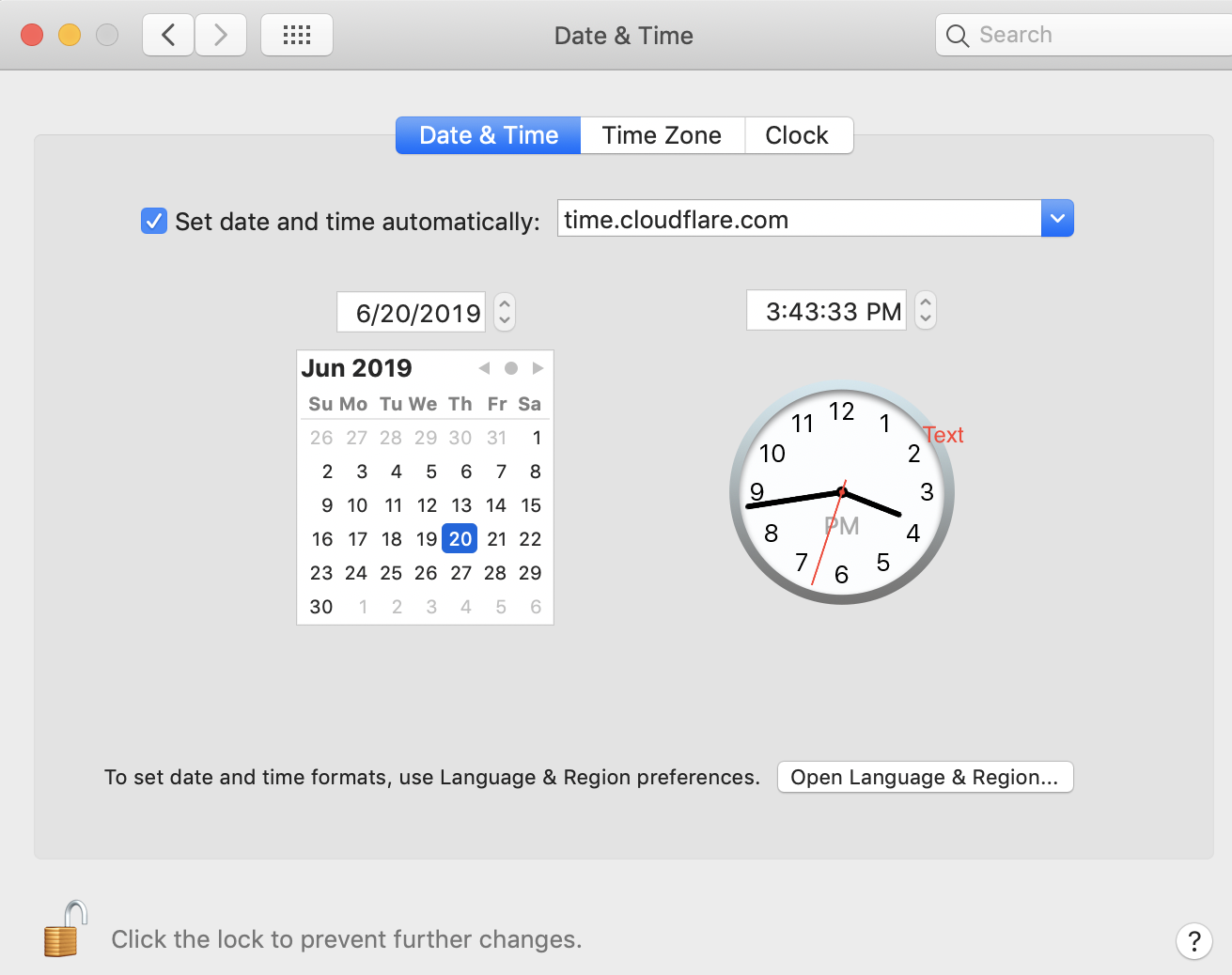 Screenshot of updating the Date & Time settings on machine running MacOS
